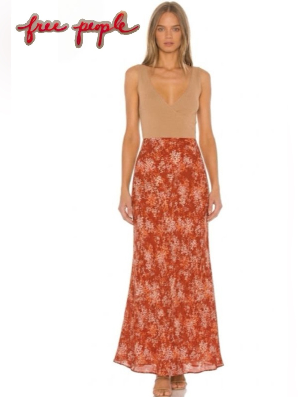Free People Floral Bias Cut Maxi Skirt Rust Red Small Boho Romantic